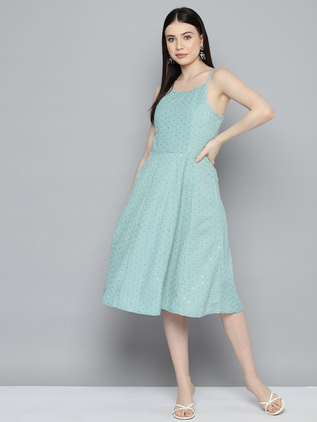 Jompers Women's Sequin work, anarkali ethnic dress - Light-Blue