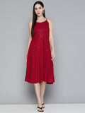 Jompers Women's Maroon Floral Sequin Embroidered A-Line Midi Dress - Maroon