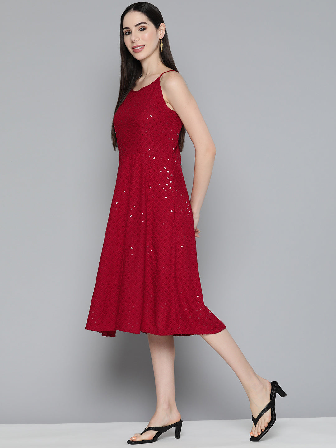 Jompers Women's Maroon Floral Sequin Embroidered A-Line Midi Dress - Maroon