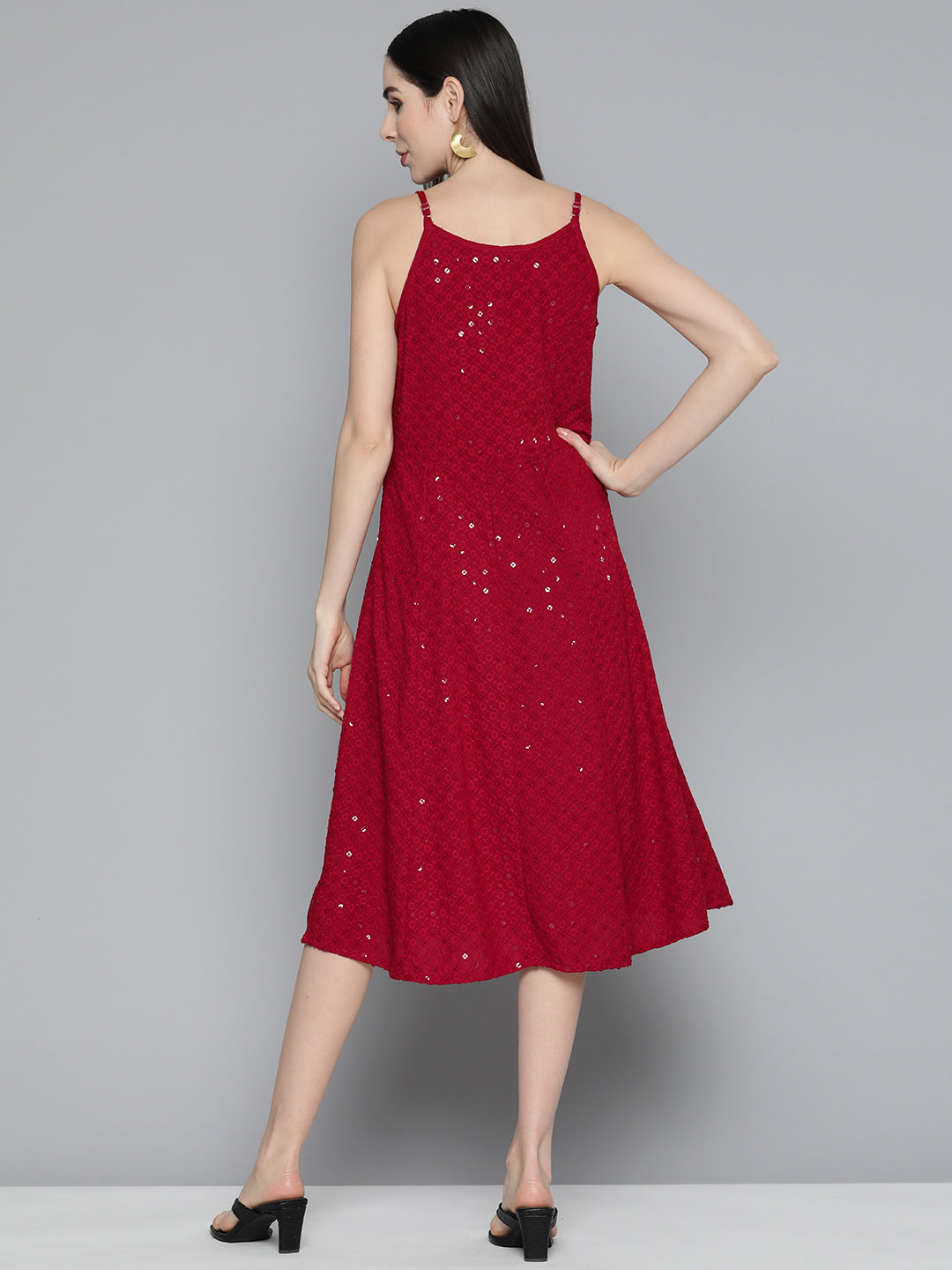Jompers Women's Maroon Floral Sequin Embroidered A-Line Midi Dress - Maroon