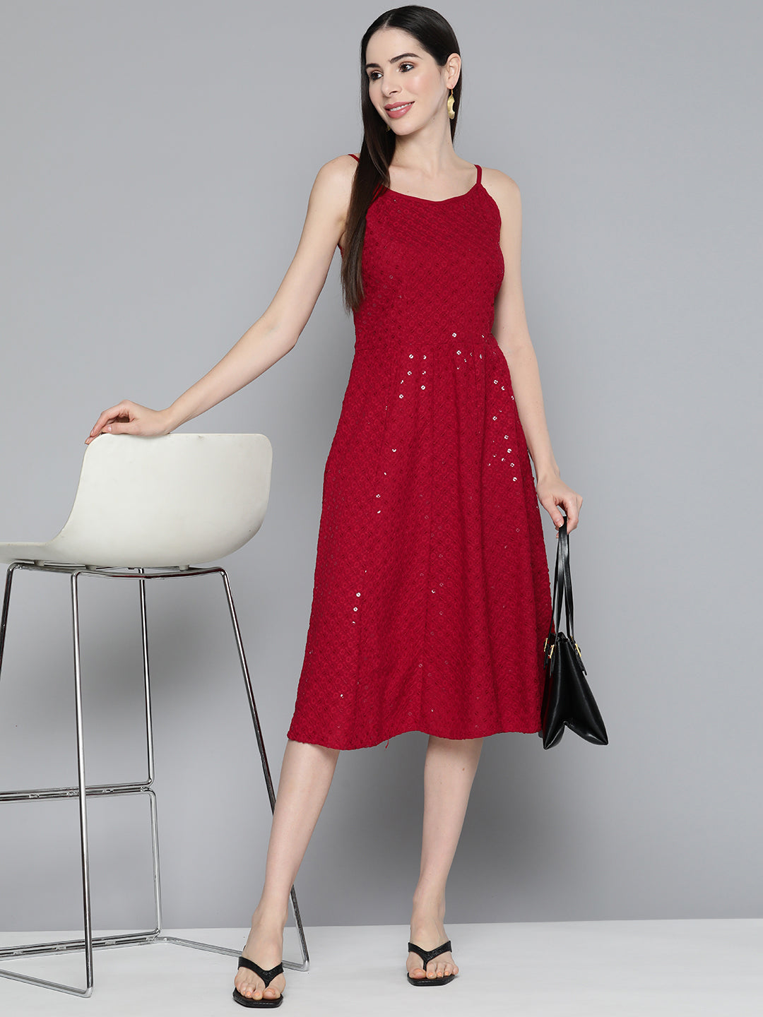 Jompers Women's Maroon Floral Sequin Embroidered A-Line Midi Dress - Maroon