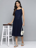 Jompers Women's Navy Floral Sequin Embroidered A-Line Midi Dress