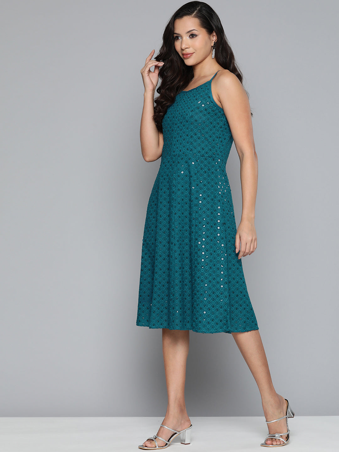 Jompers Women's Blue Floral Sequin Embroidered A-Line Midi Dress - Peacock