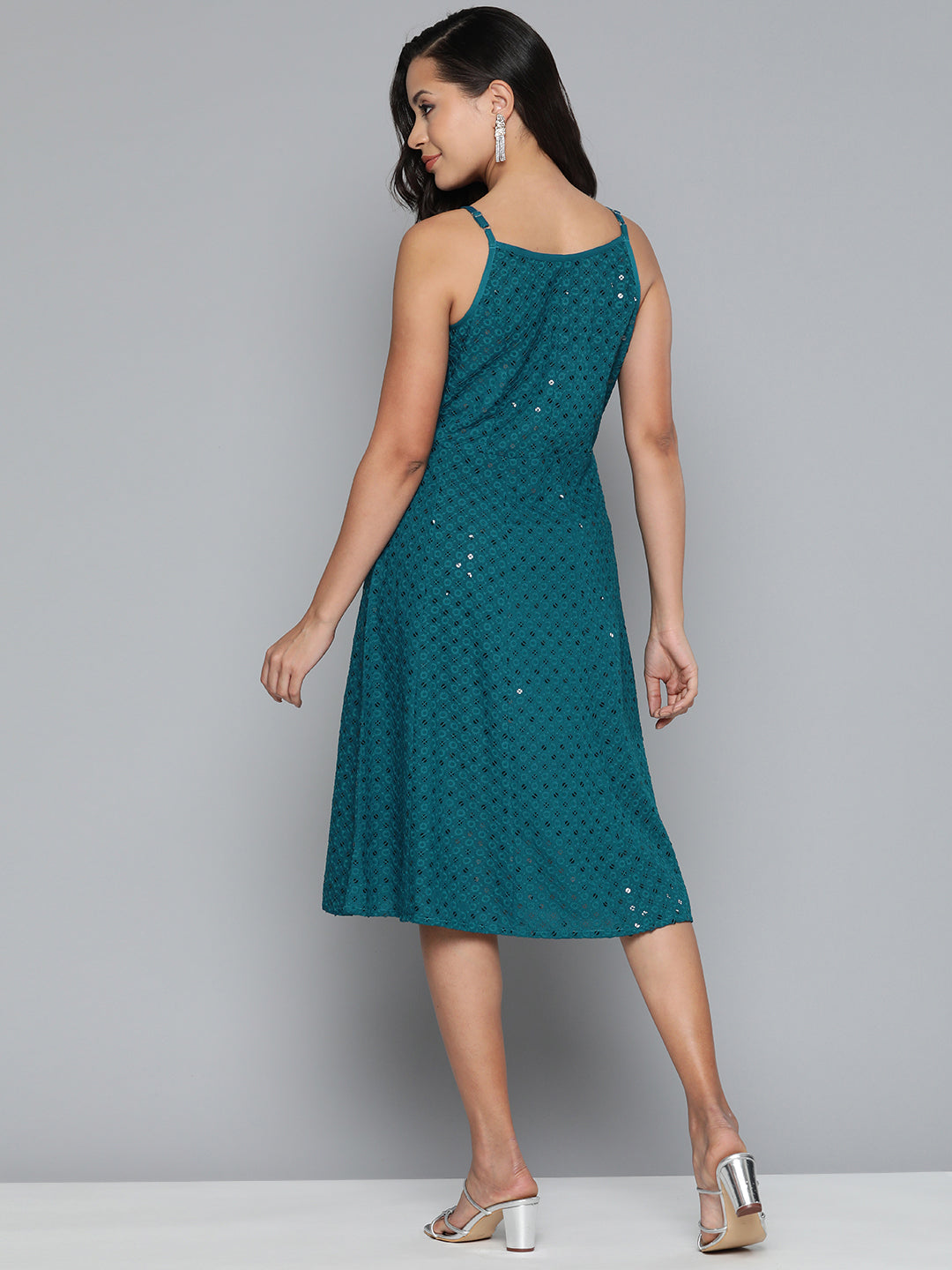 Jompers Women's Blue Floral Sequin Embroidered A-Line Midi Dress - Peacock