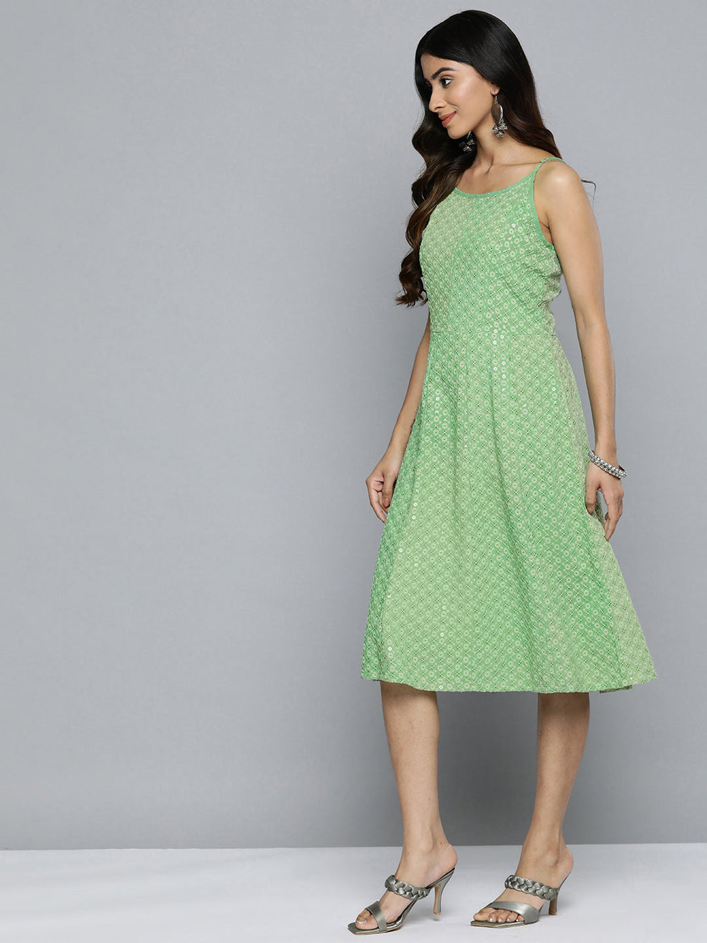 Jompers Women's Green Floral Sequin Embroidered A-Line Midi Dress