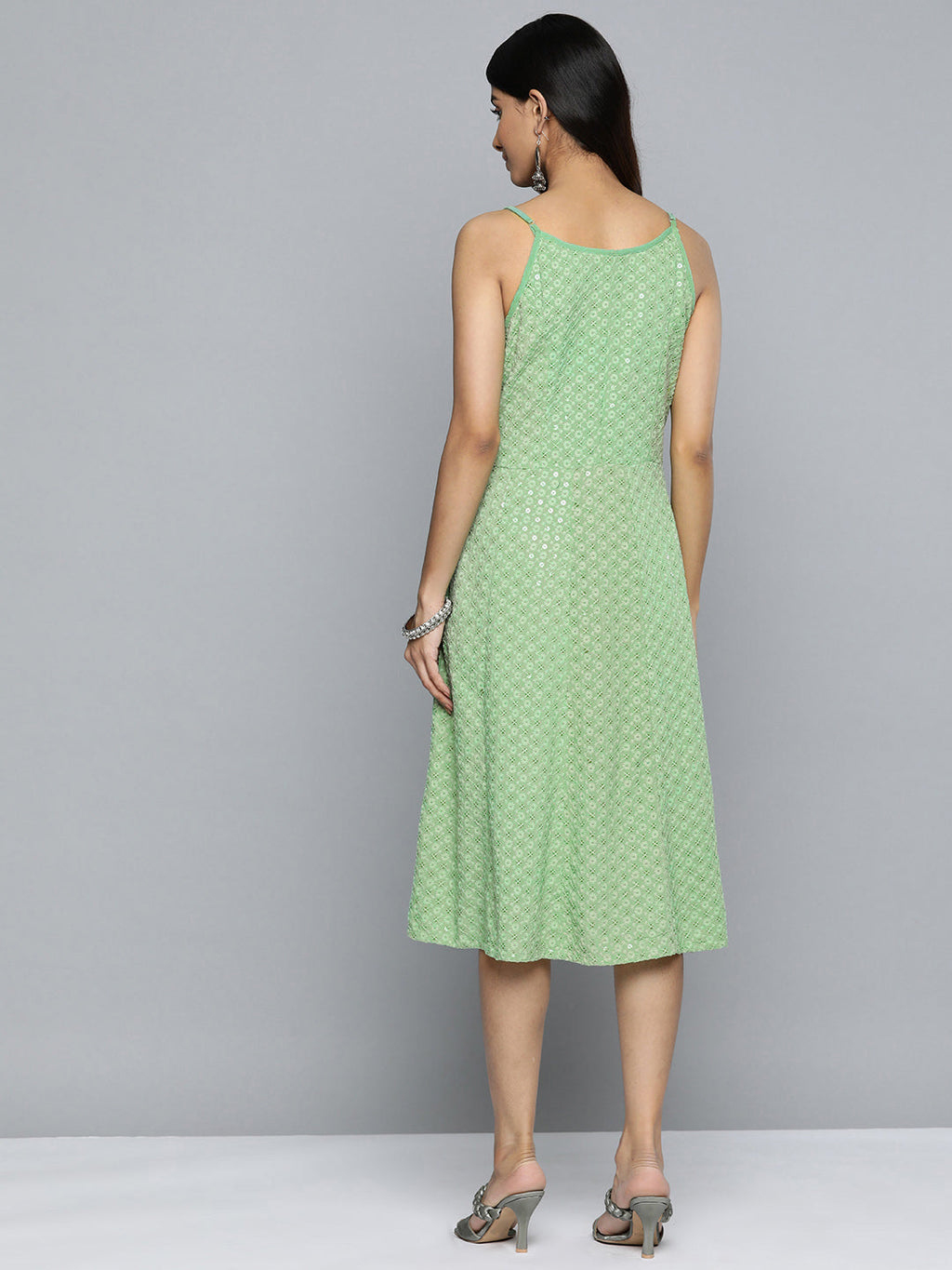 Jompers Women's Green Floral Sequin Embroidered A-Line Midi Dress