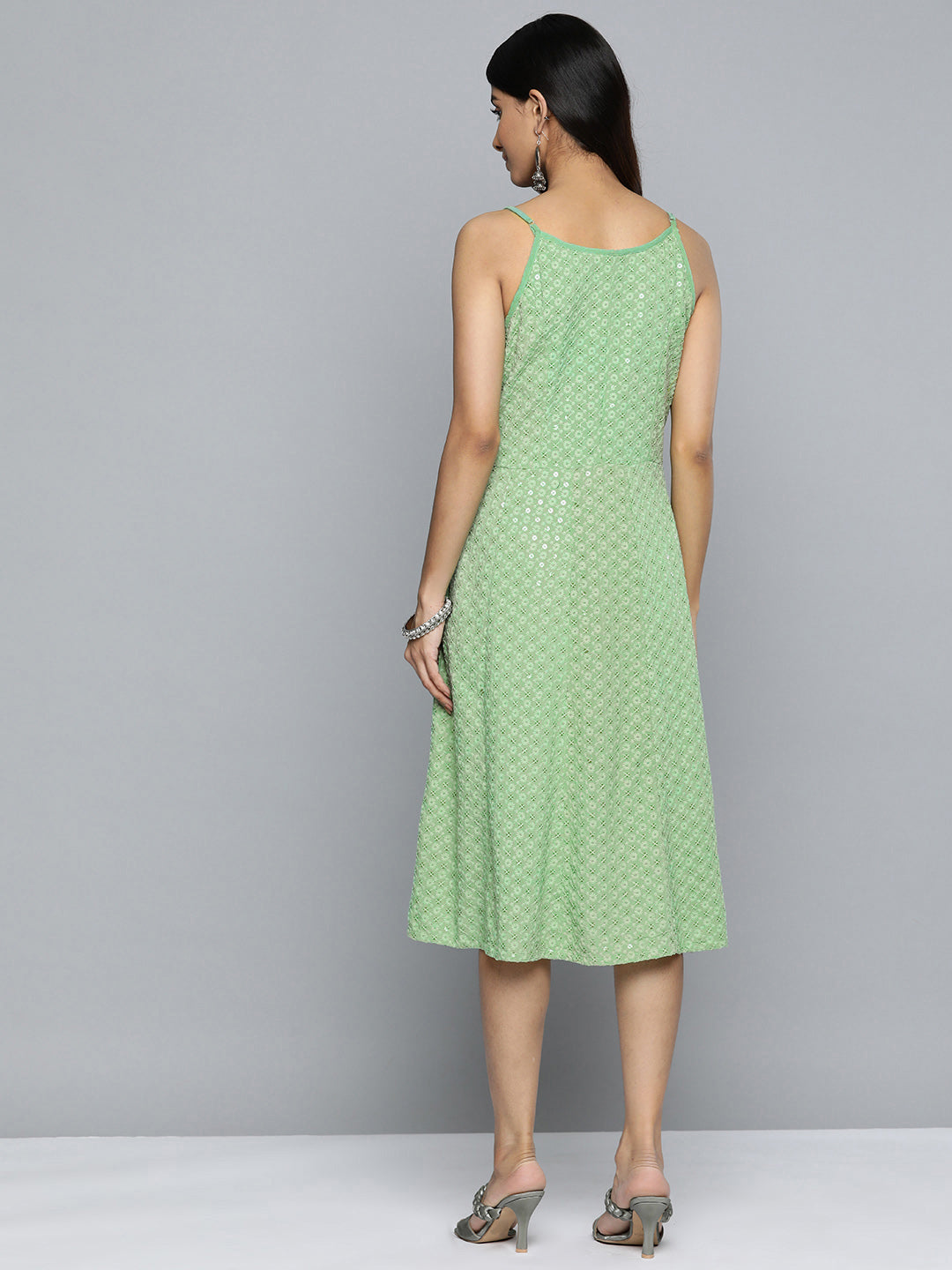 Jompers Women's Green Floral Sequin Embroidered A-Line Midi Dress