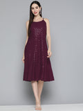 Jompers Women's Purple Floral Sequin Embroidered A-Line Midi Dress - Purple