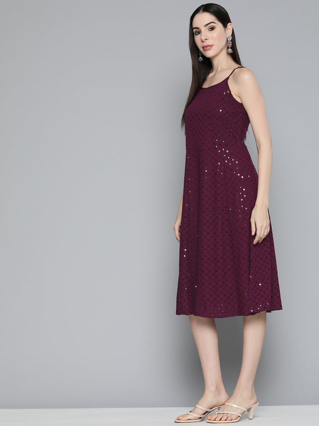Jompers Women's Purple Floral Sequin Embroidered A-Line Midi Dress - Purple