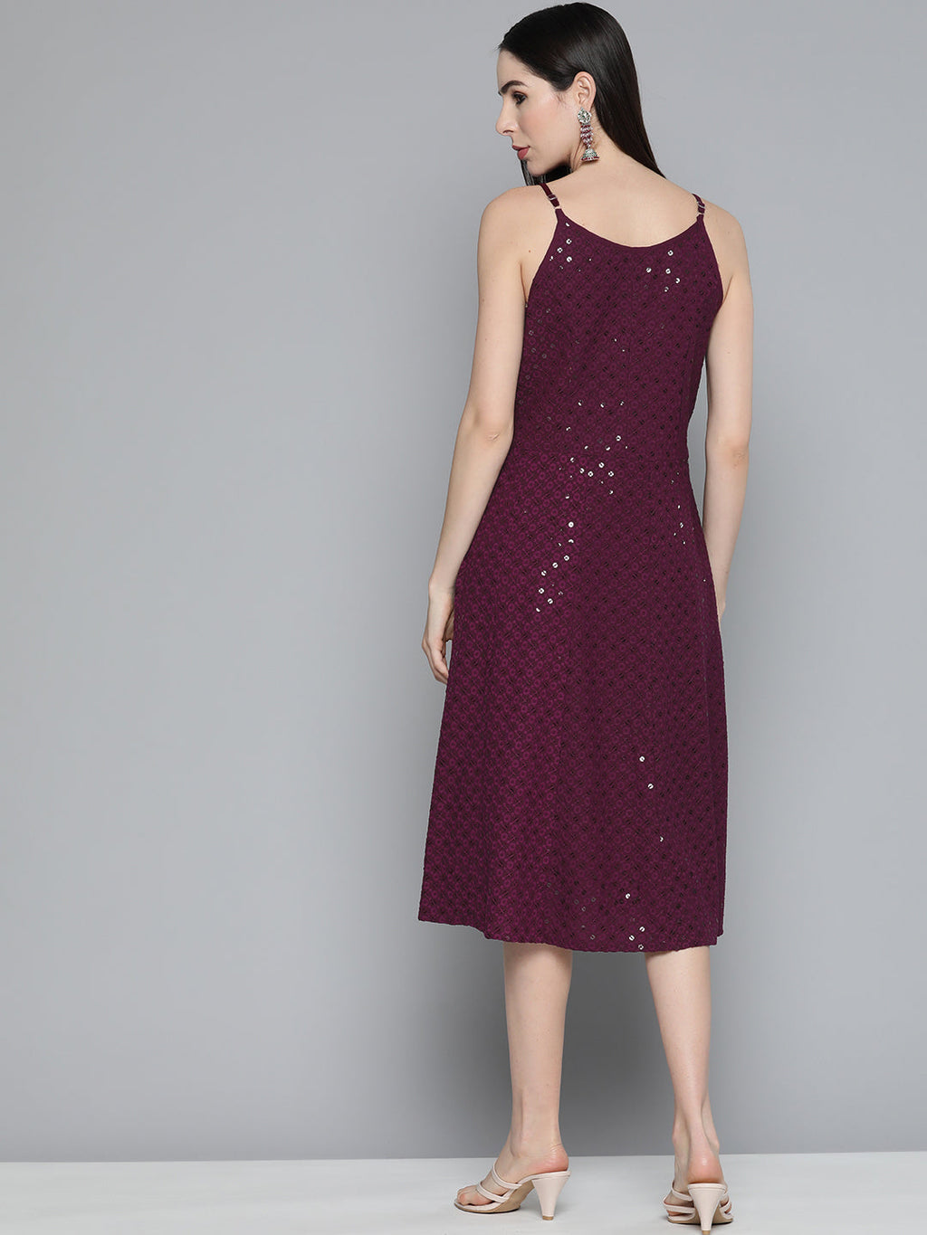Jompers Women's Purple Floral Sequin Embroidered A-Line Midi Dress - Purple