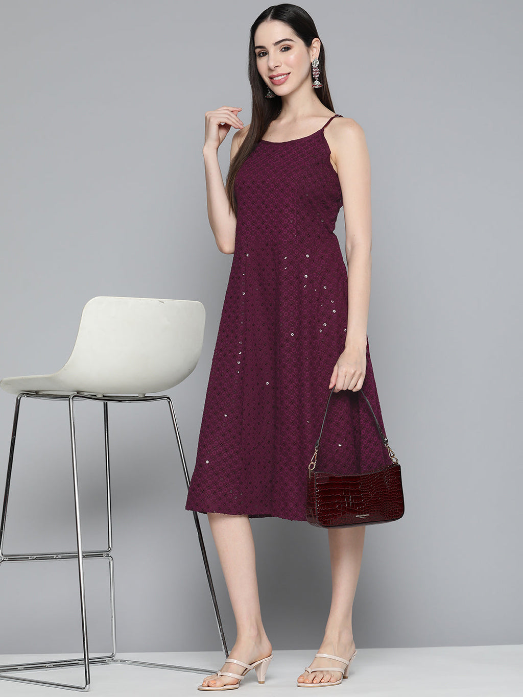 Jompers Women's Purple Floral Sequin Embroidered A-Line Midi Dress - Purple