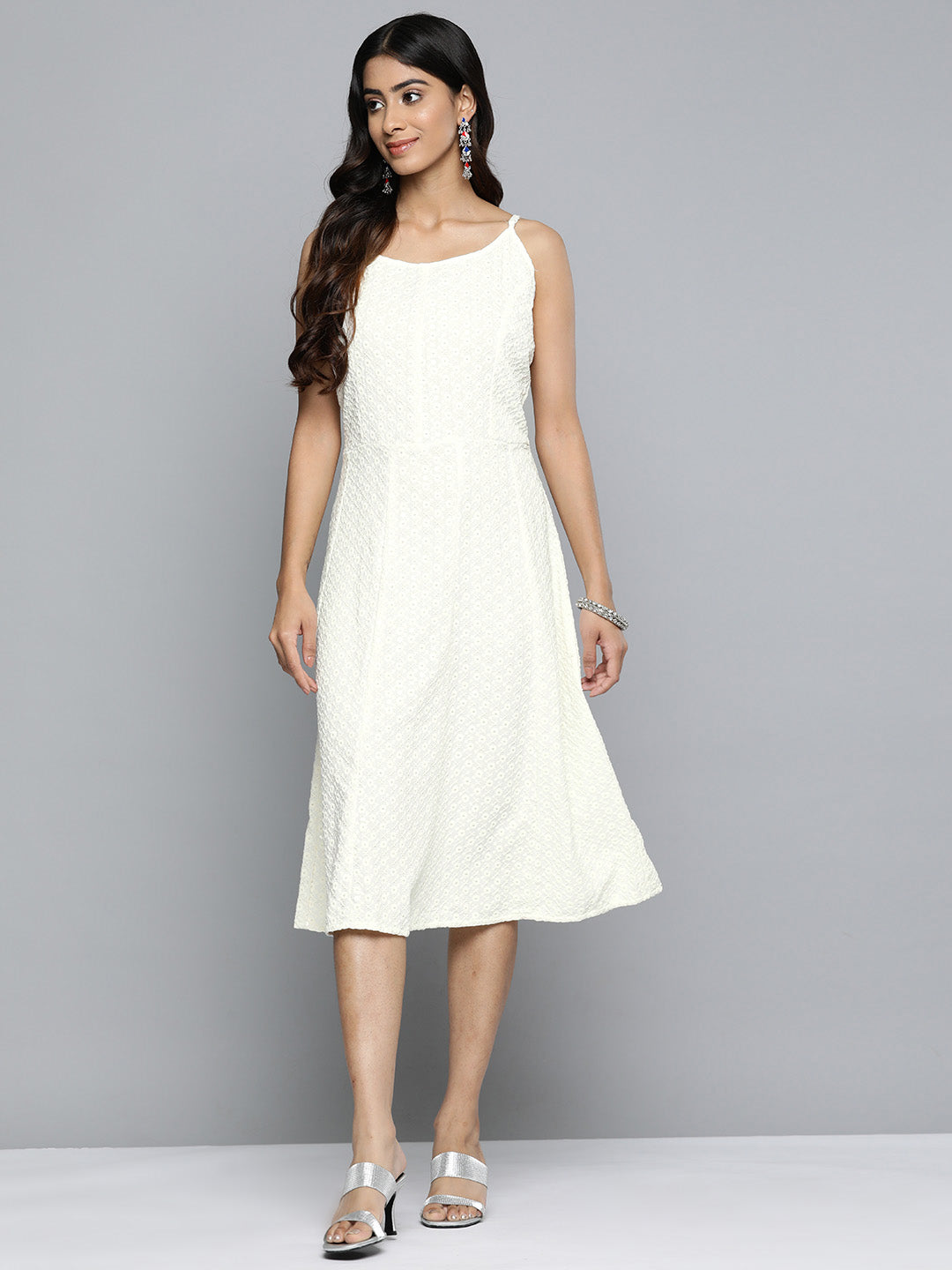 Jompers Women's White Floral Sequin Embroidered A-Line Midi Dress