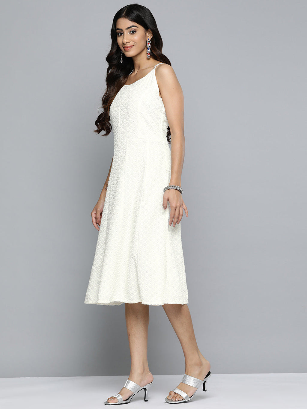 Jompers Women's White Floral Sequin Embroidered A-Line Midi Dress