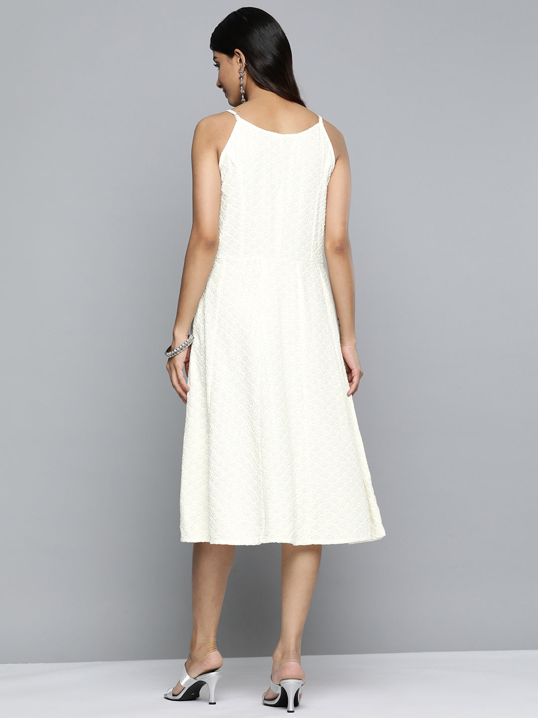 Jompers Women's White Floral Sequin Embroidered A-Line Midi Dress