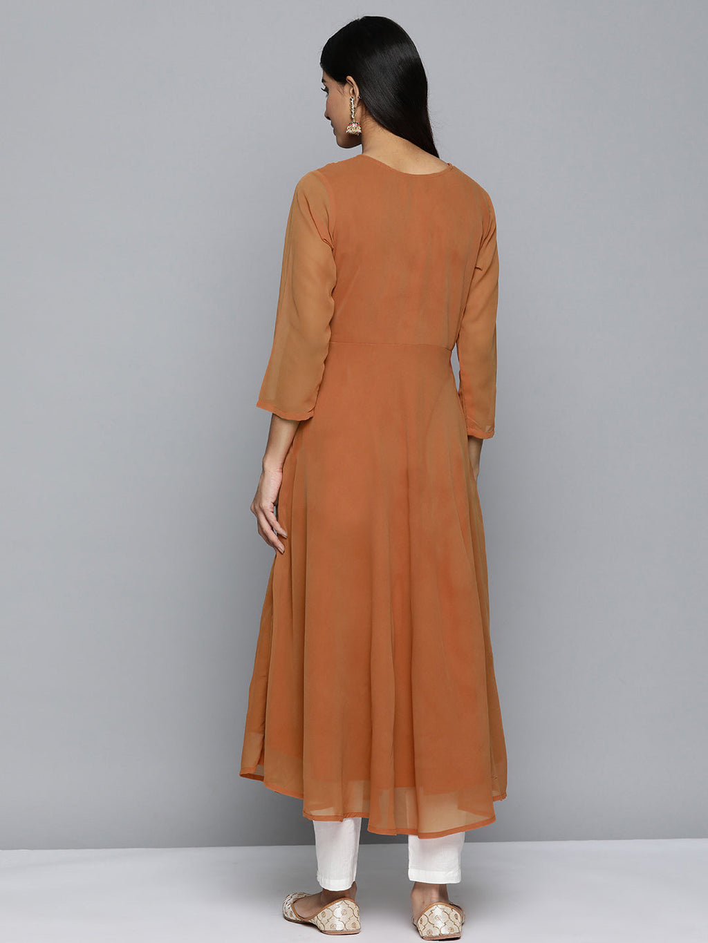 Jompers Women's Floral Embroidered Thread Work Floral Georgette Anarkali Kurta - Orange