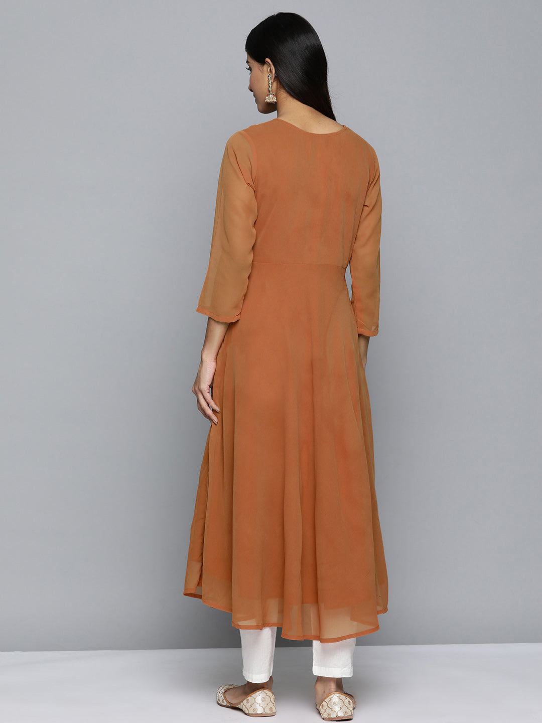 Jompers Women's Floral Embroidered Thread Work Floral Georgette Anarkali Kurta - Orange