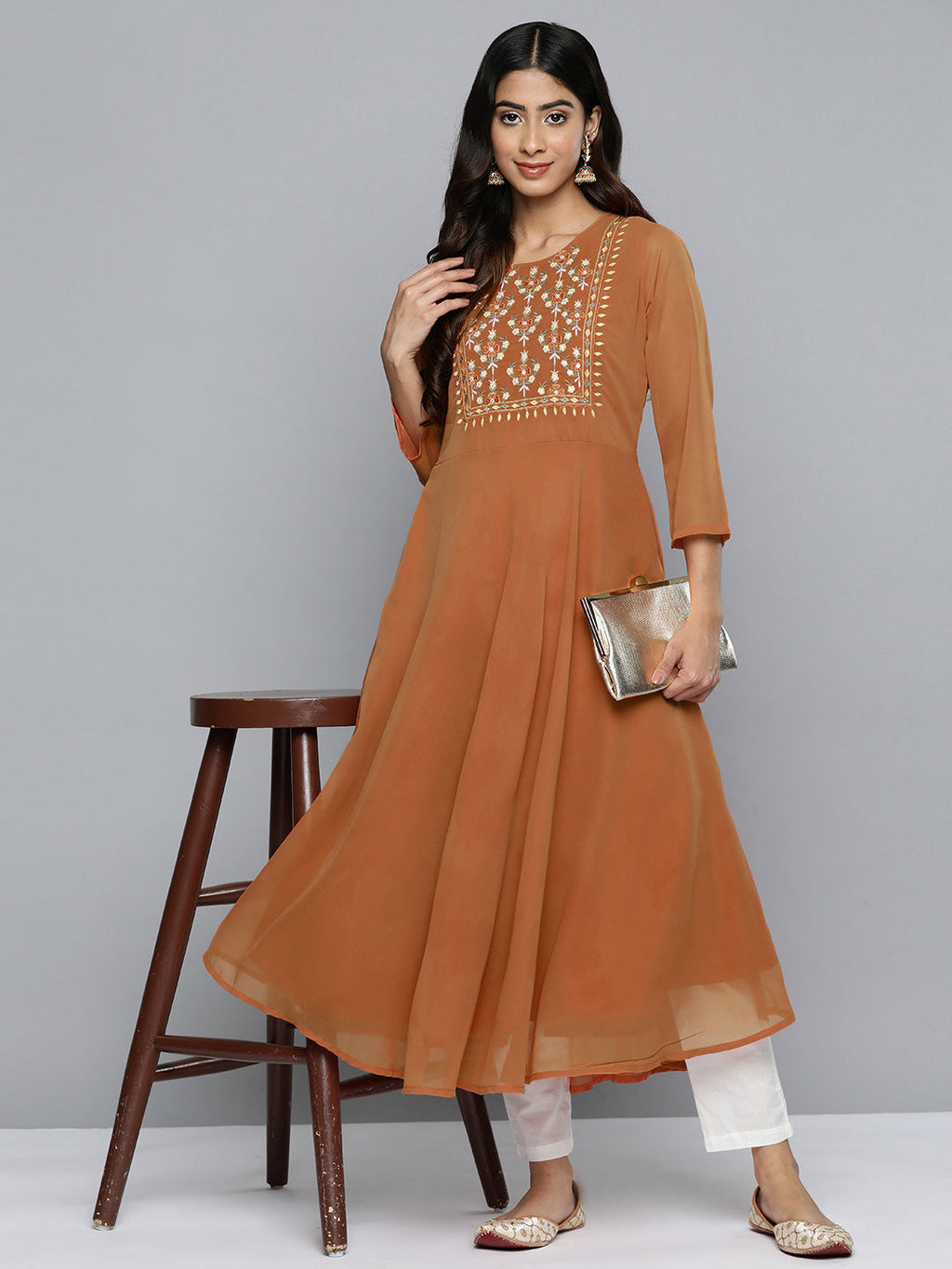 Jompers Women's Floral Embroidered Thread Work Floral Georgette Anarkali Kurta - Orange