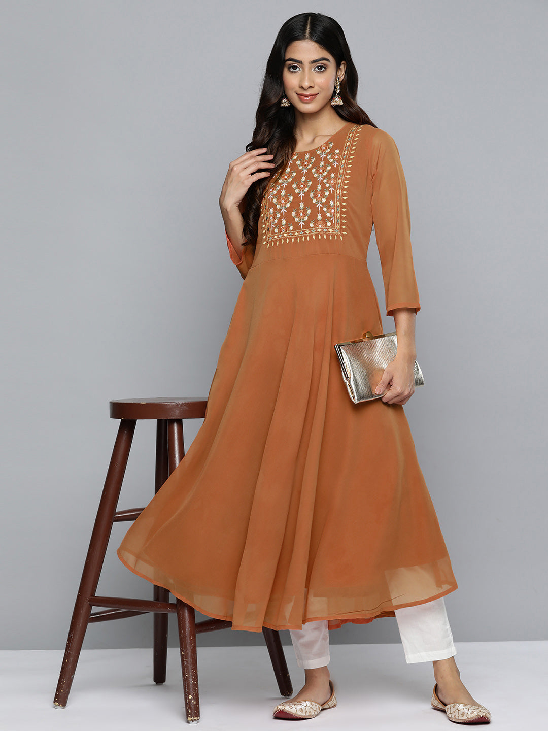 Jompers Women's Floral Embroidered Thread Work Floral Georgette Anarkali Kurta - Orange