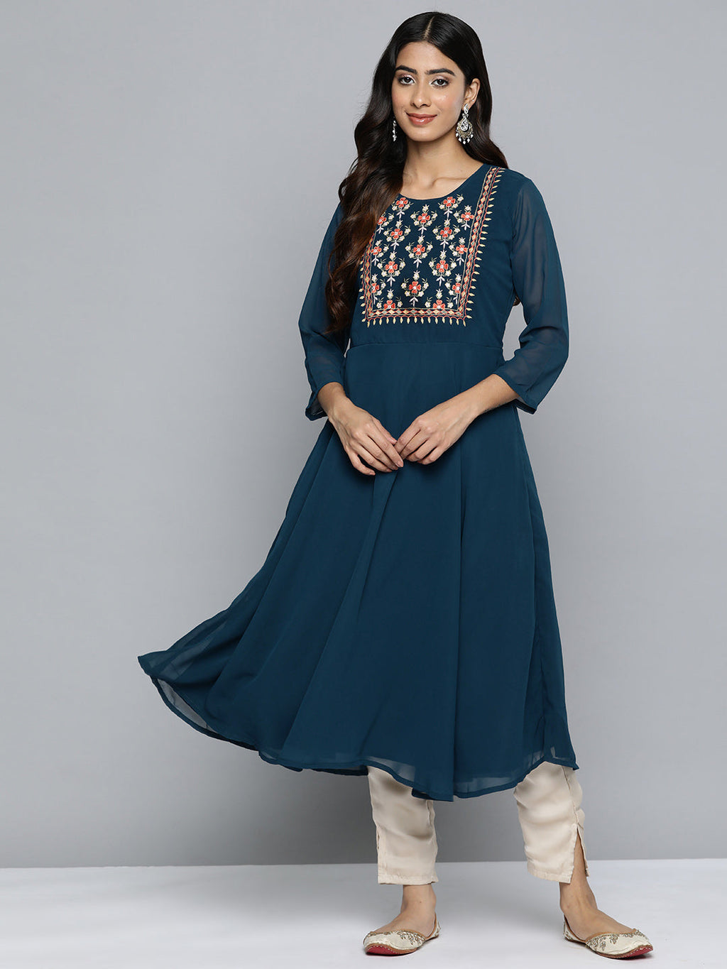 Jompers Women's Floral Embroidered Thread Work Floral Georgette Anarkali Kurta - Teal