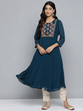 Jompers Women's Floral Embroidered Thread Work Floral Georgette Anarkali Kurta - Teal