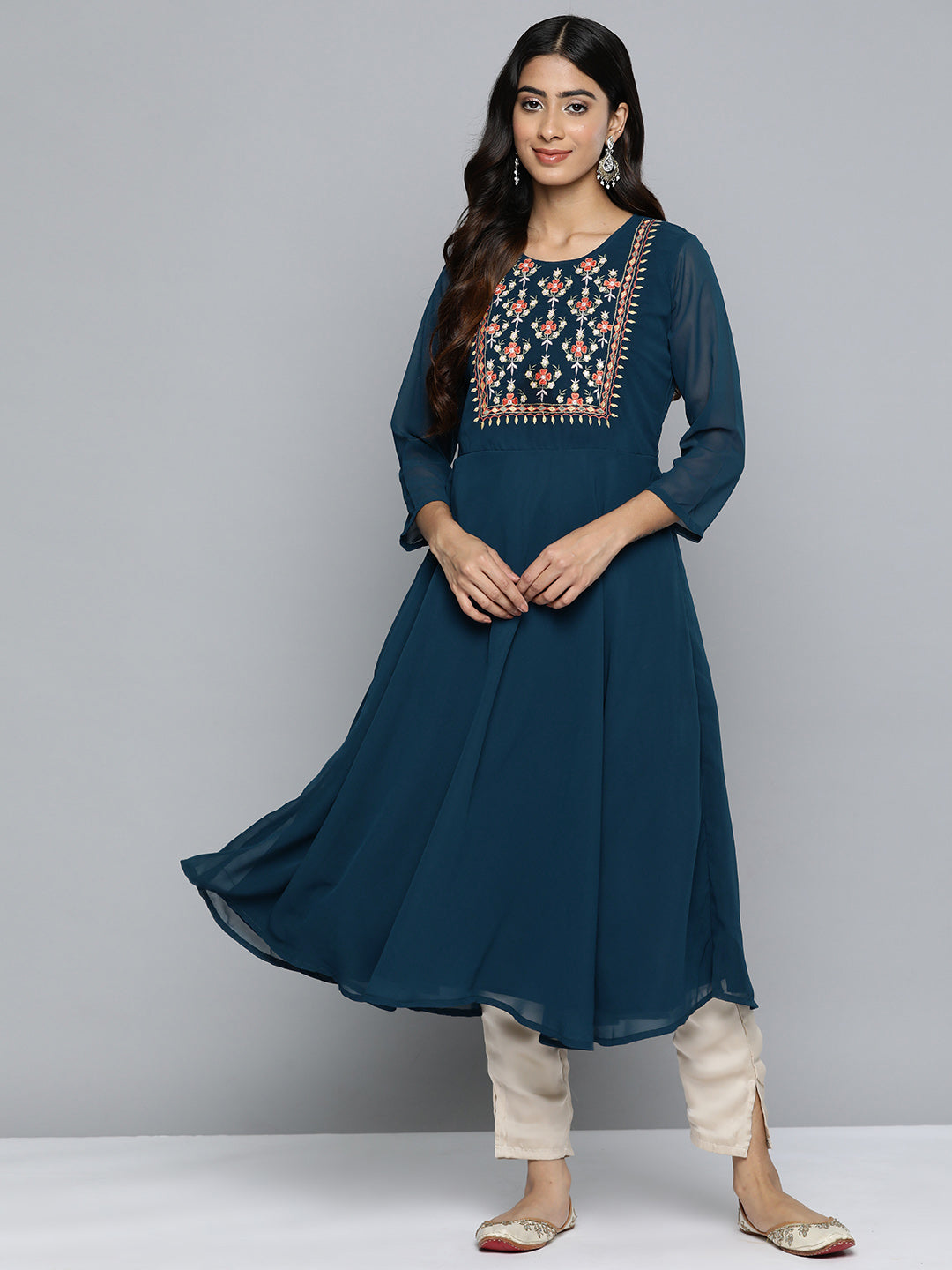 Jompers Women's Floral Embroidered Thread Work Floral Georgette Anarkali Kurta - Teal