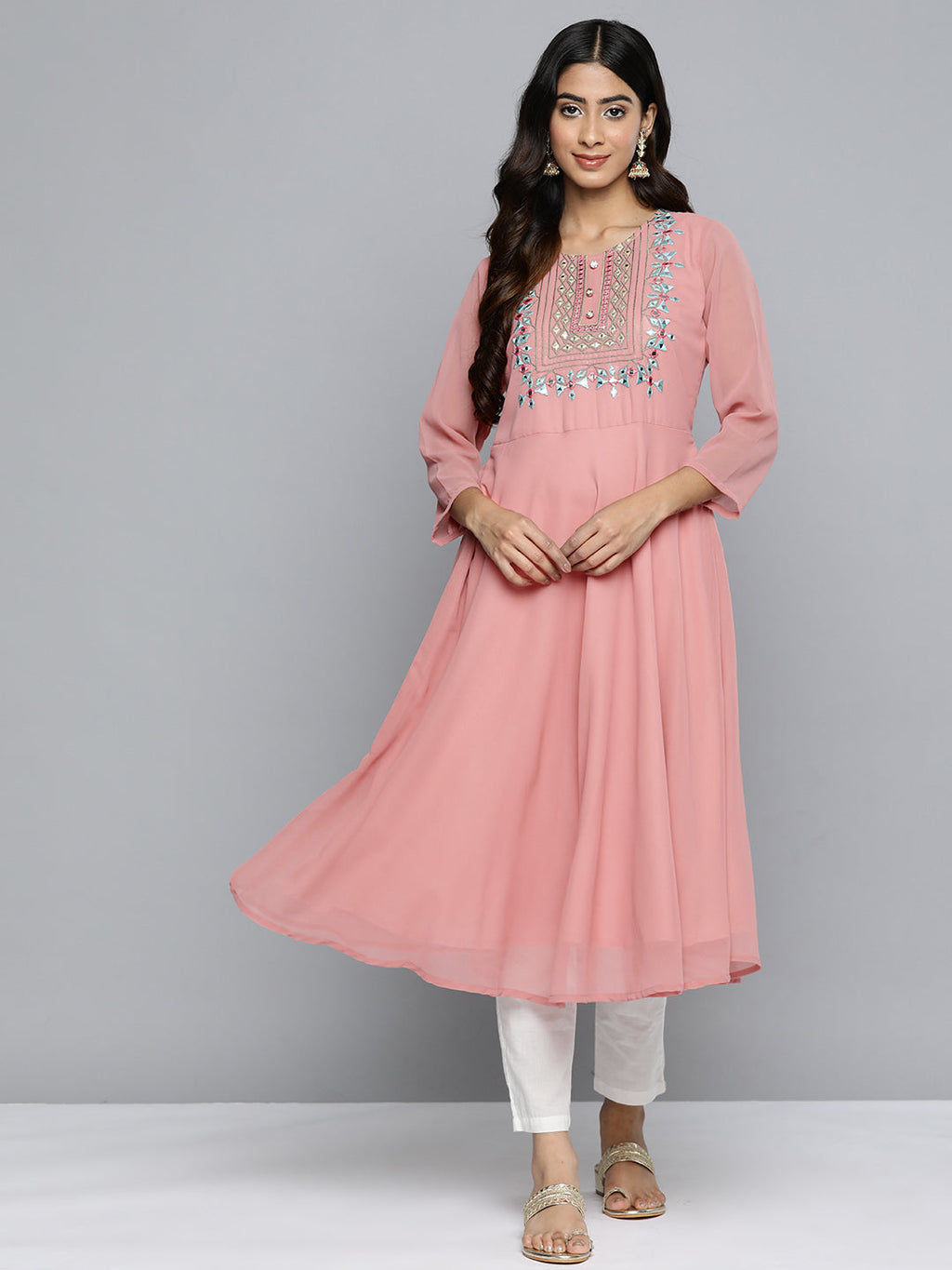 Jompers Women's Geometric Embroidered Mirror Work Georgette Anarkali Kurta - Coral