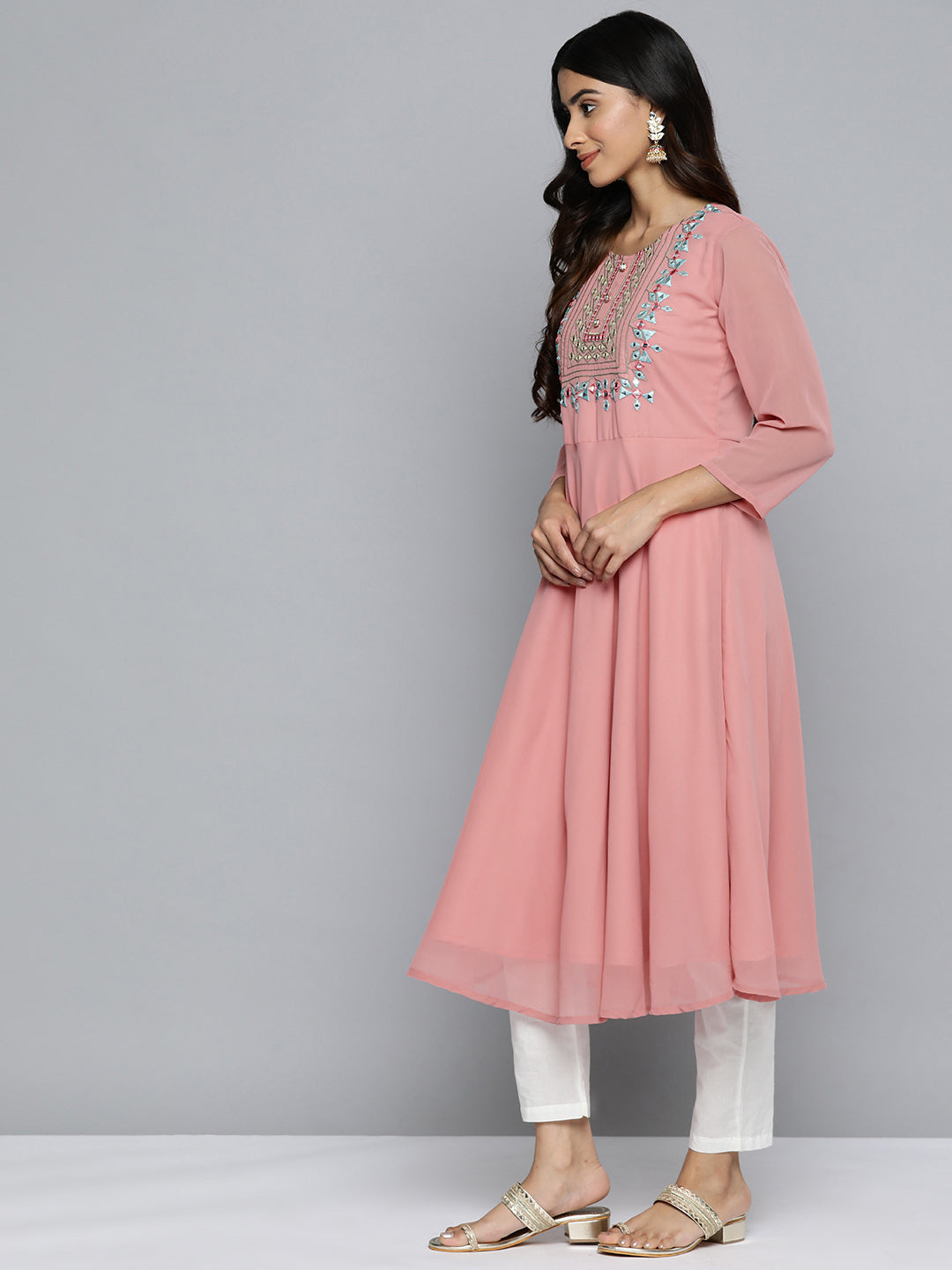 Jompers Women's Geometric Embroidered Mirror Work Georgette Anarkali Kurta - Coral