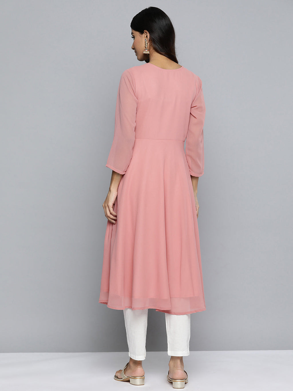 Jompers Women's Geometric Embroidered Mirror Work Georgette Anarkali Kurta - Coral