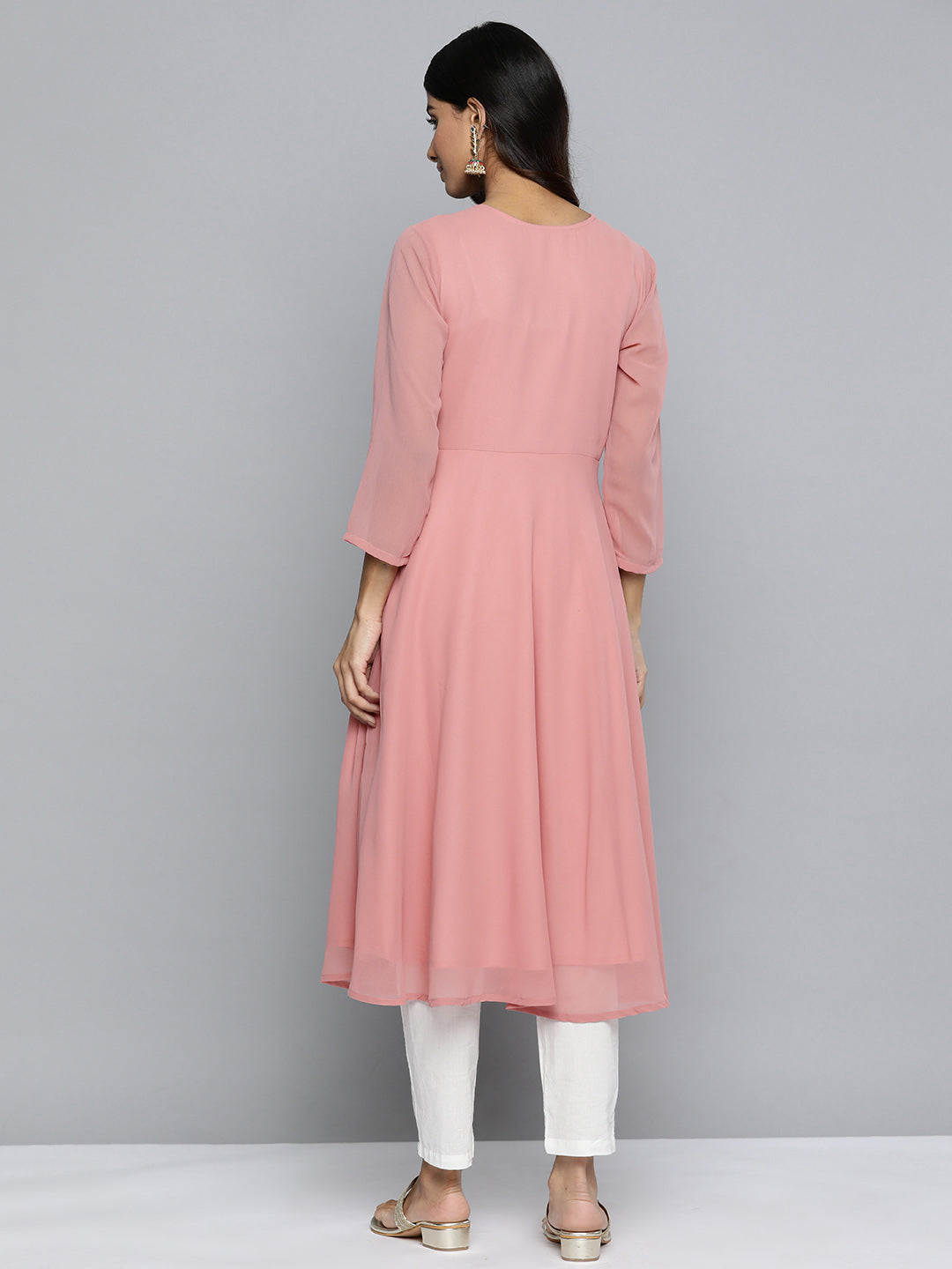 Jompers Women's Geometric Embroidered Mirror Work Georgette Anarkali Kurta - Coral