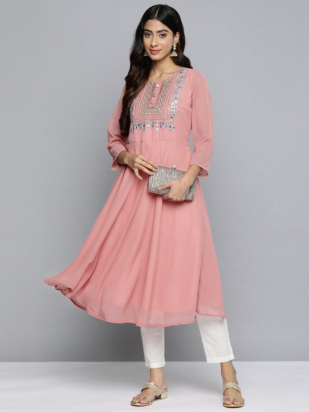 Jompers Women's Geometric Embroidered Mirror Work Georgette Anarkali Kurta - Coral