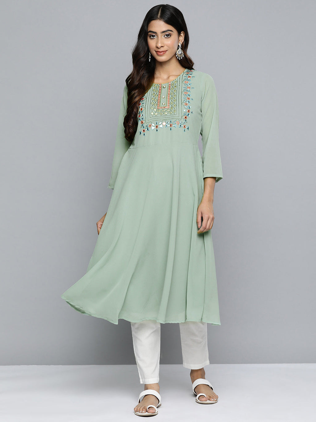 Jompers Women's Geometric Embroidered Mirror Work Georgette Anarkali Kurta - Green