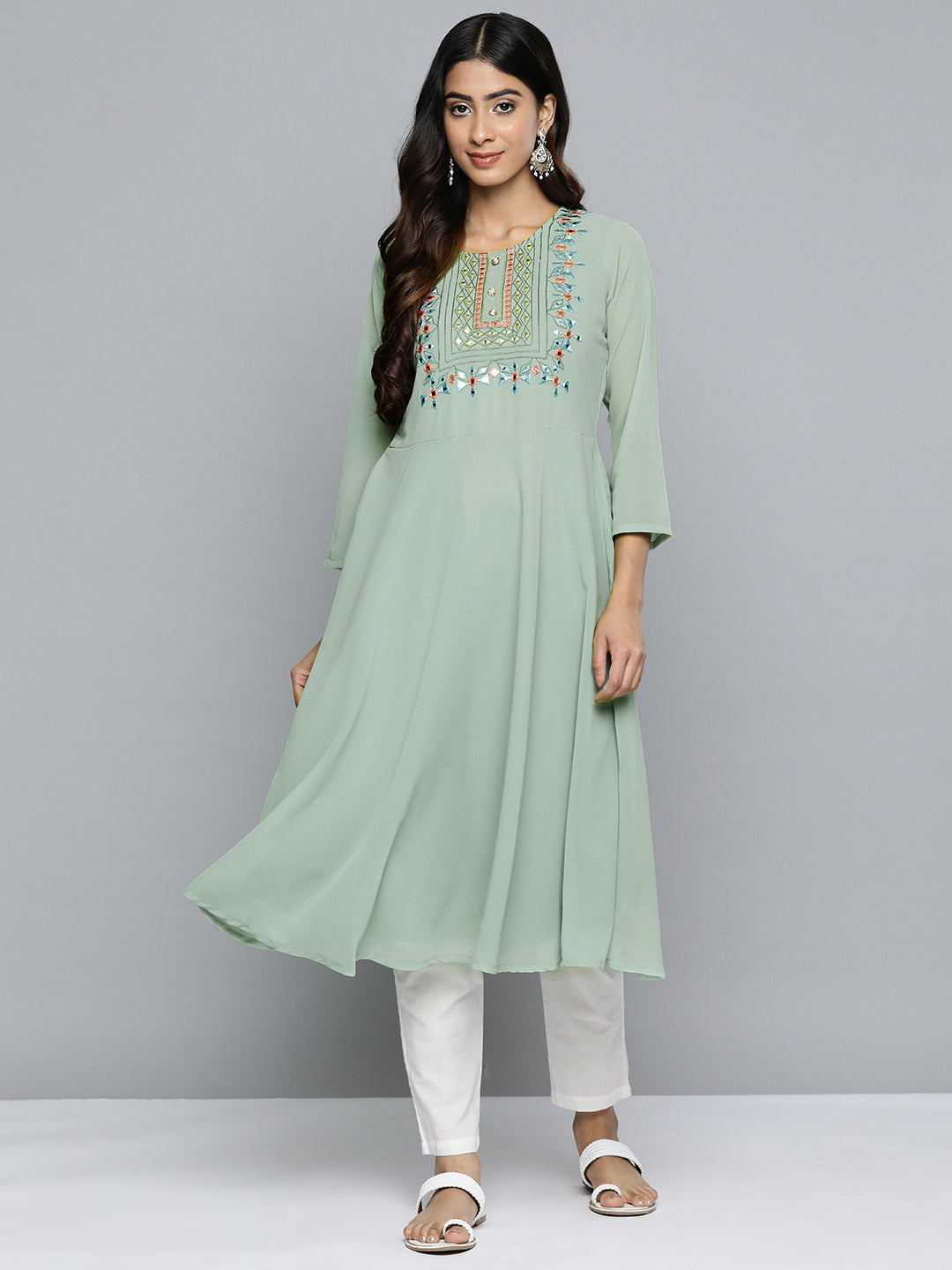 Jompers Women's Geometric Embroidered Mirror Work Georgette Anarkali Kurta - Green