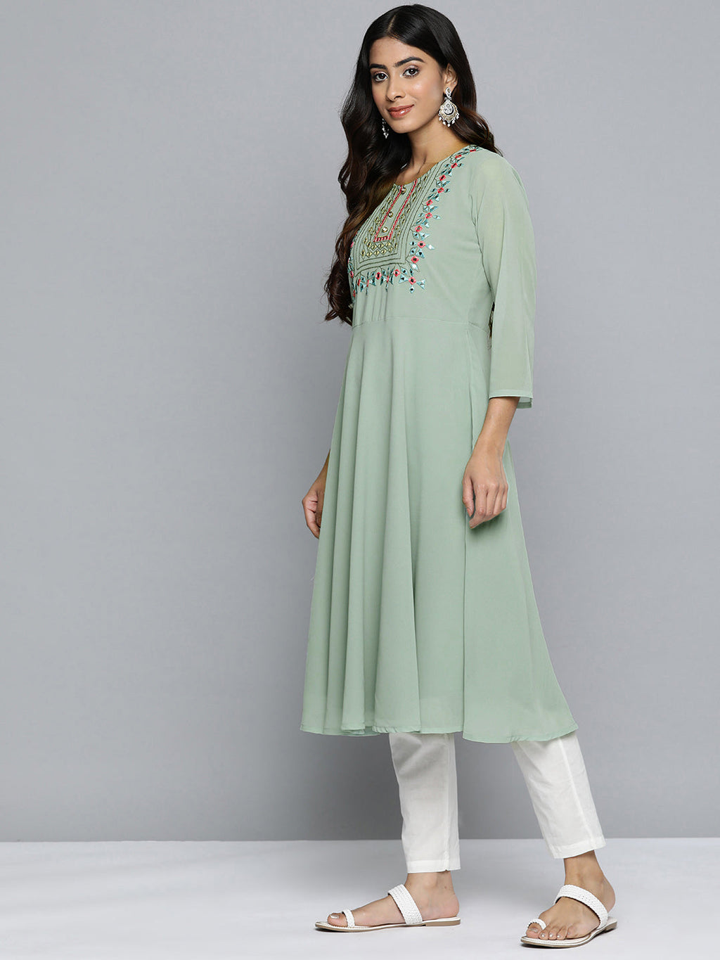 Jompers Women's Geometric Embroidered Mirror Work Georgette Anarkali Kurta - Green