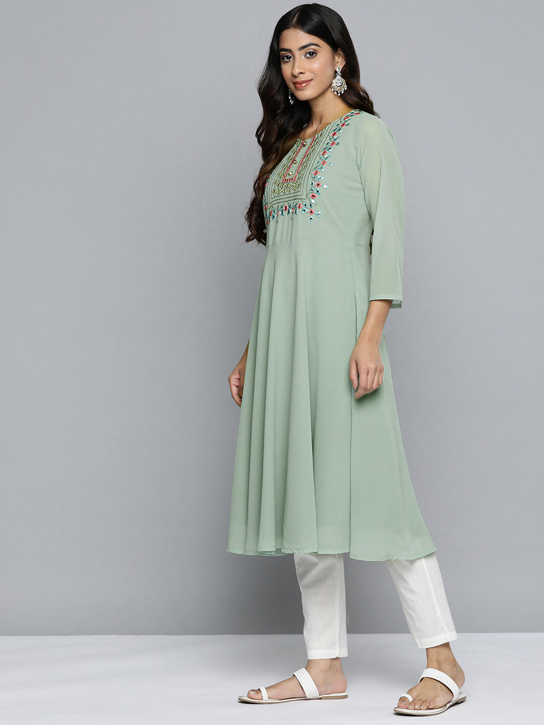 Jompers Women's Geometric Embroidered Mirror Work Georgette Anarkali Kurta - Green