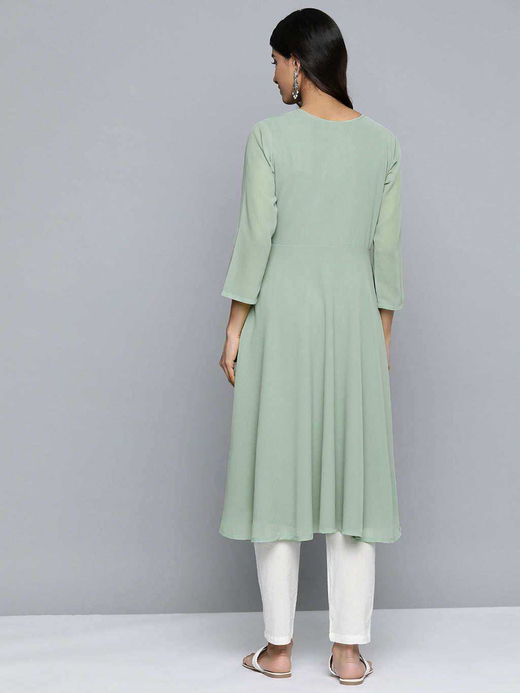 Jompers Women's Geometric Embroidered Mirror Work Georgette Anarkali Kurta - Green