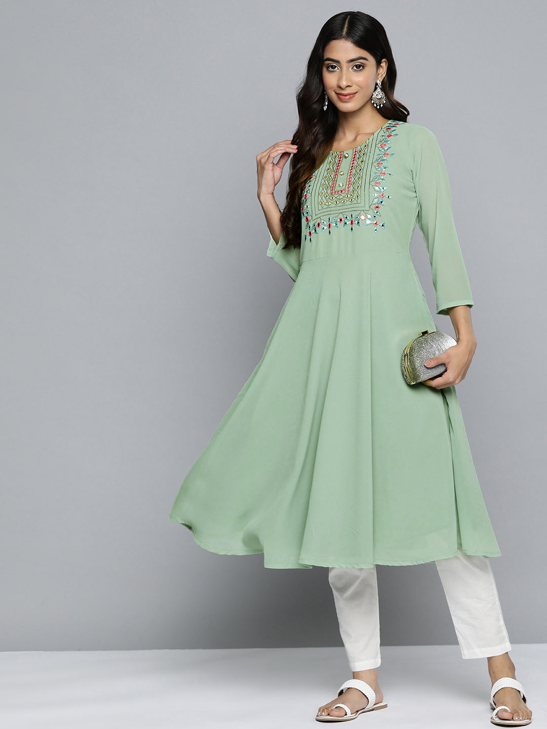 Jompers Women's Geometric Embroidered Mirror Work Georgette Anarkali Kurta - Green