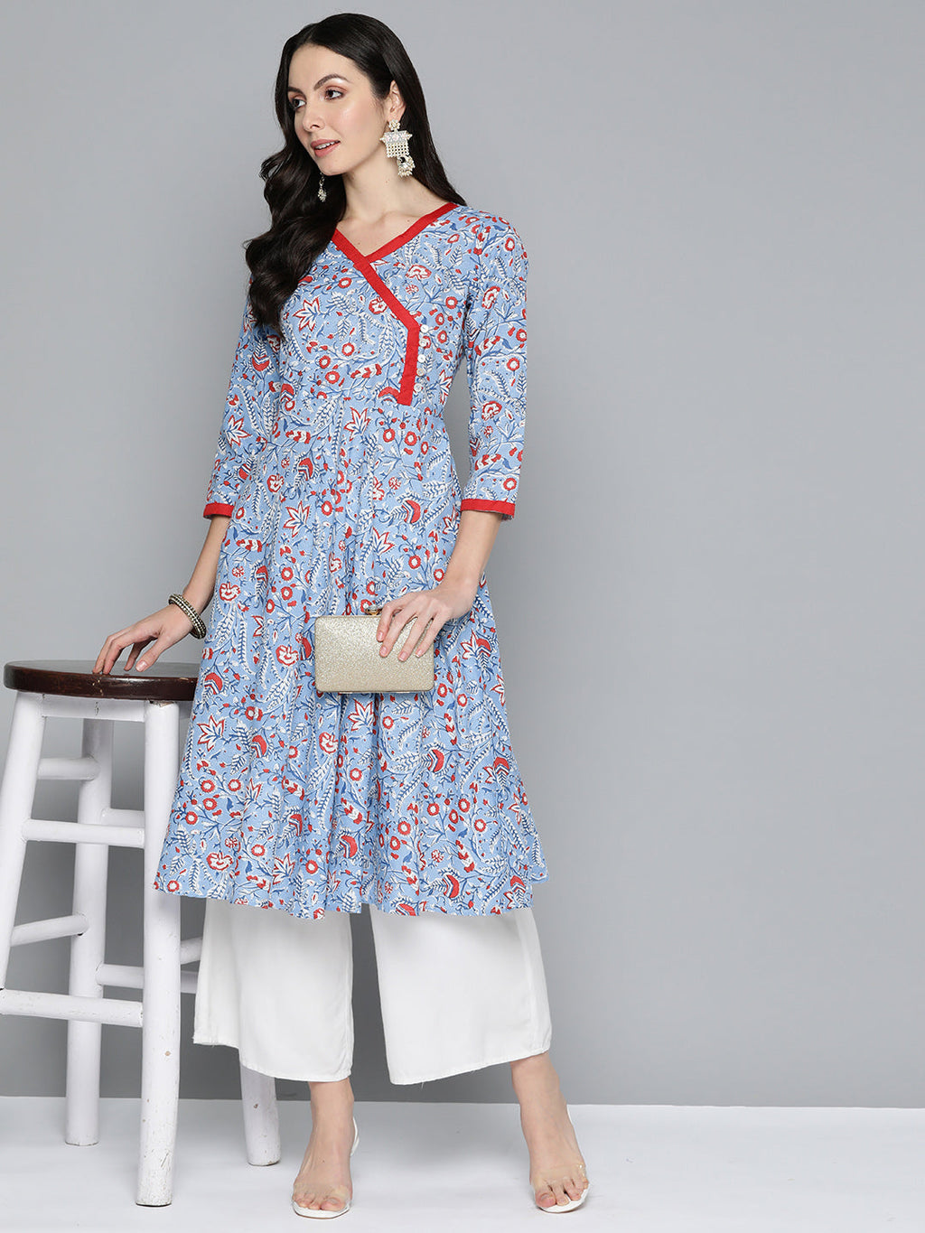 Jompers Women's Blue Floral Printed Anarkali Kurta
