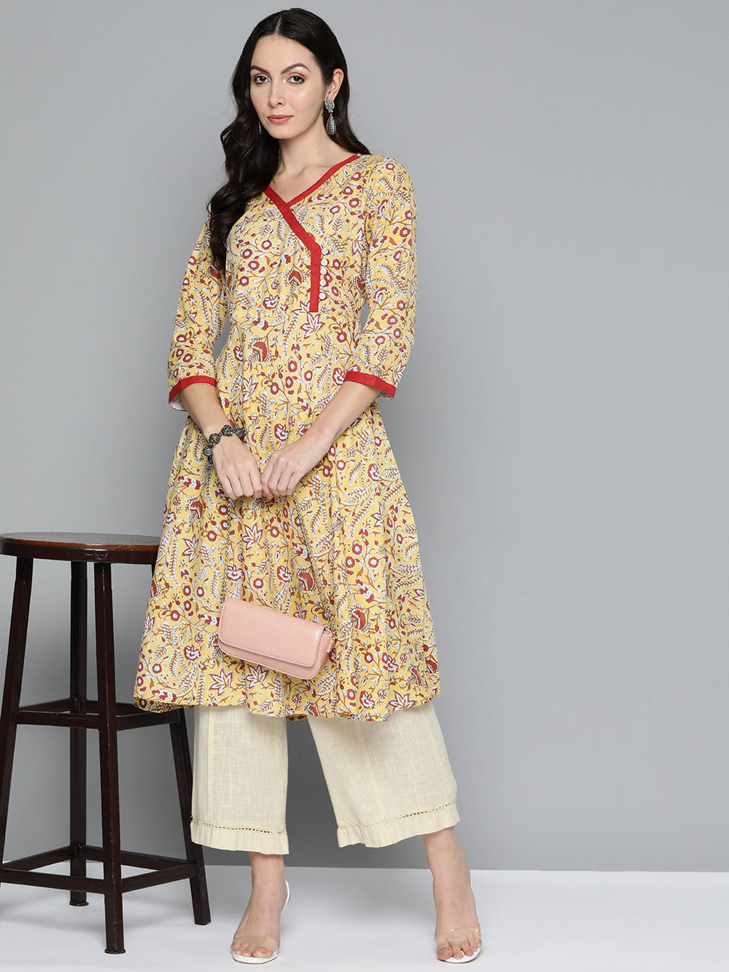 Jompers Women's Yellow Floral Printed Anarkali Kurta