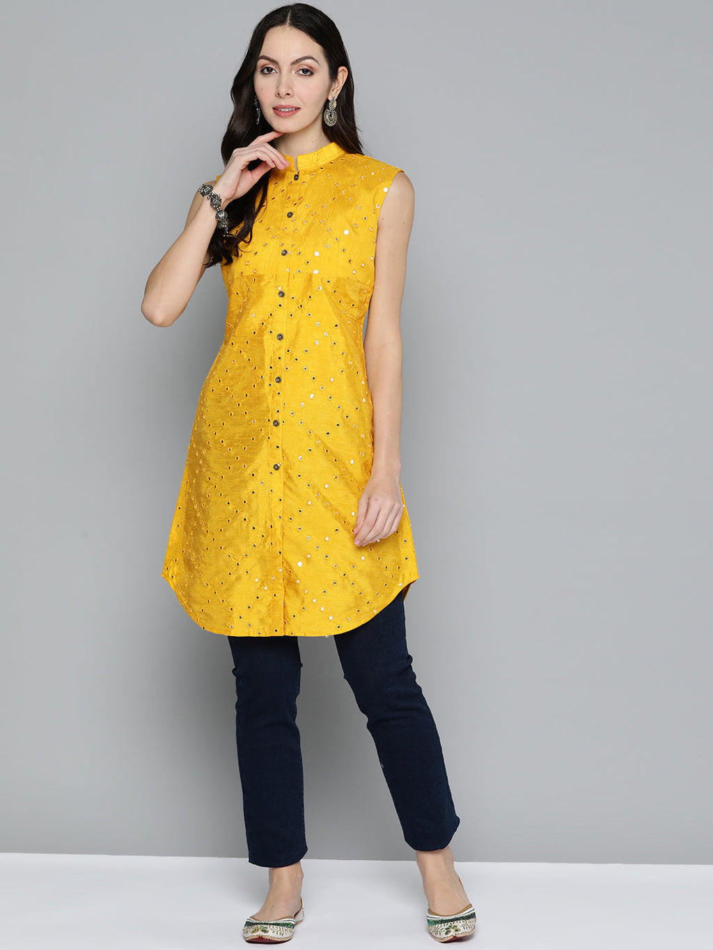 Jompers Women's Geometric Embroidered Mirror Work Kurta - Mustard