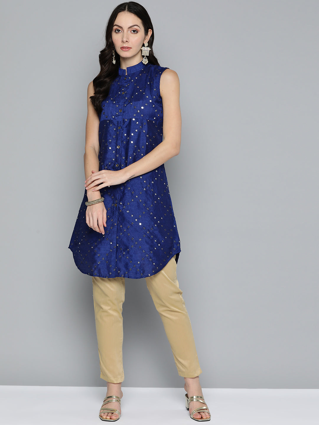 Jompers Women's Geometric Embroidered Mirror Work Kurta - Navy Blue