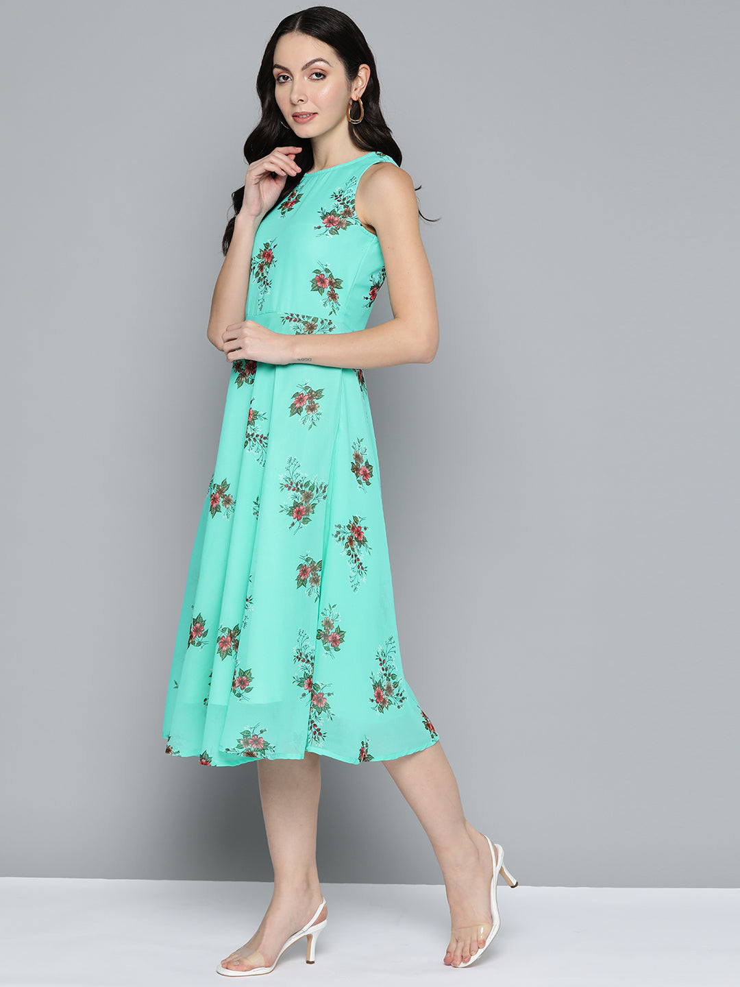 Jompers Women's Floral Print Georgette A-Line Midi Dress - Blue