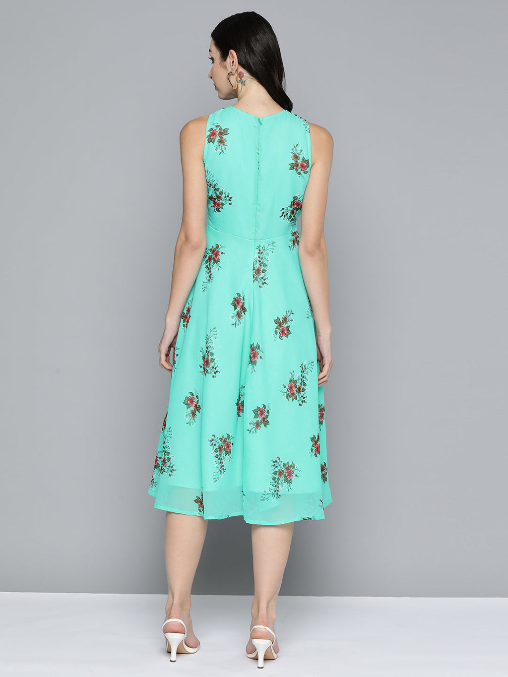 Jompers Women's Floral Print Georgette A-Line Midi Dress - Blue