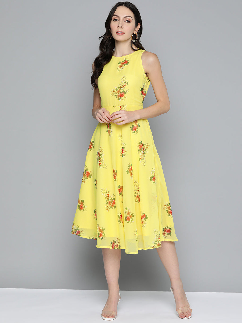 Jompers Women's Floral Print Georgette A-Line Midi Dress - Yellow