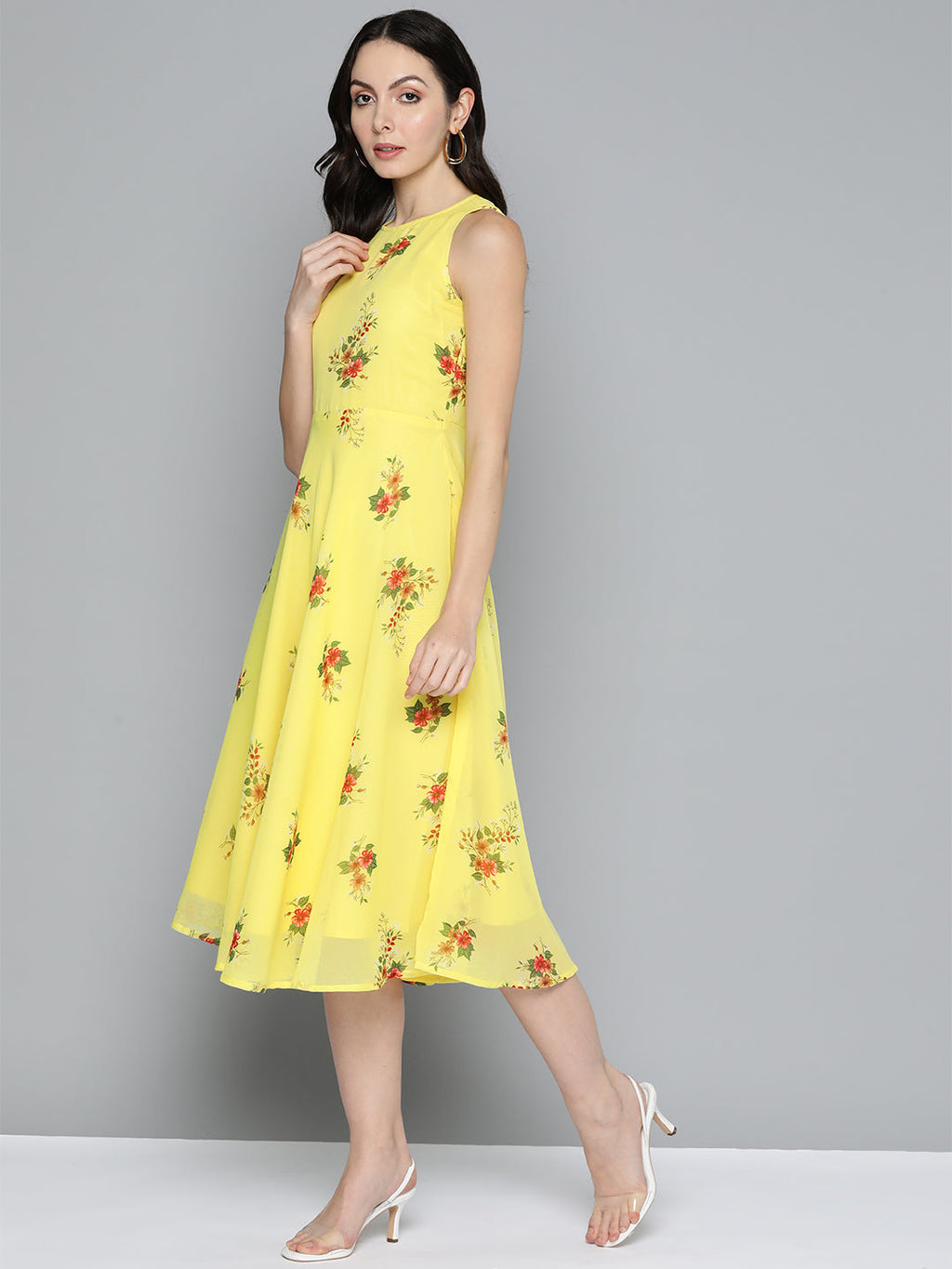 Jompers Women's Floral Print Georgette A-Line Midi Dress - Yellow