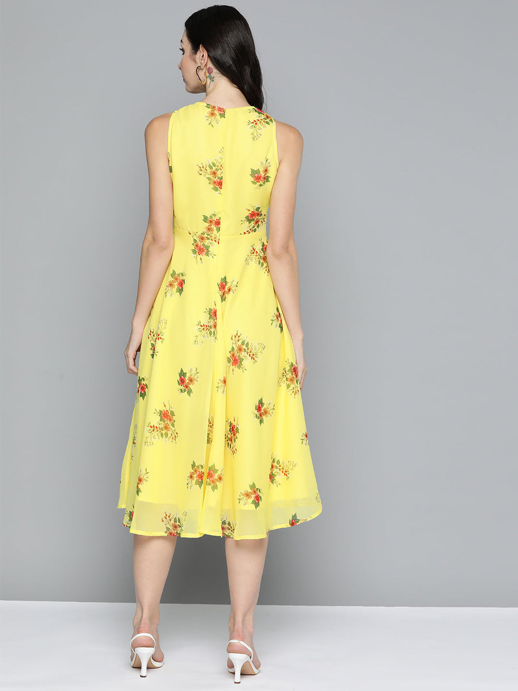 Jompers Women's Floral Print Georgette A-Line Midi Dress - Yellow