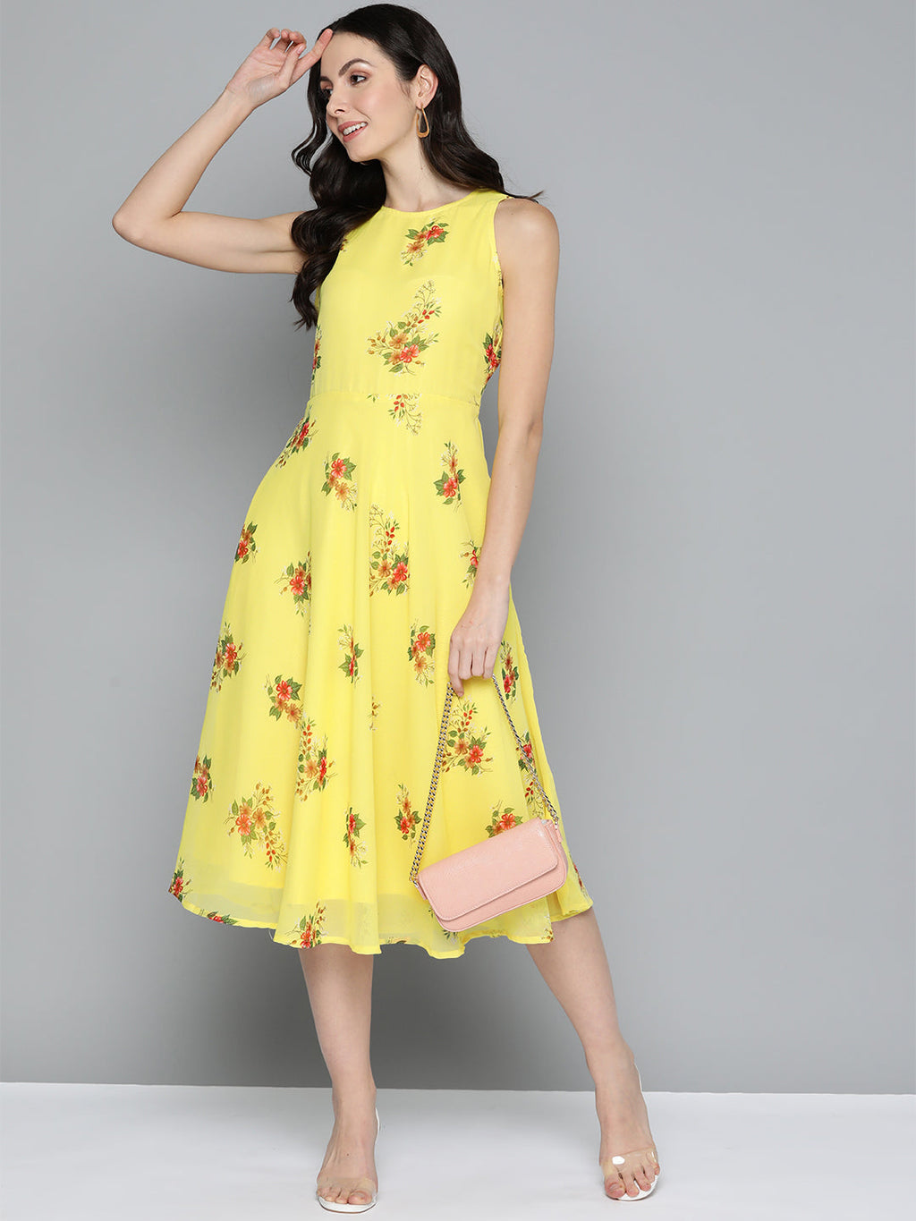 Jompers Women's Floral Print Georgette A-Line Midi Dress - Yellow