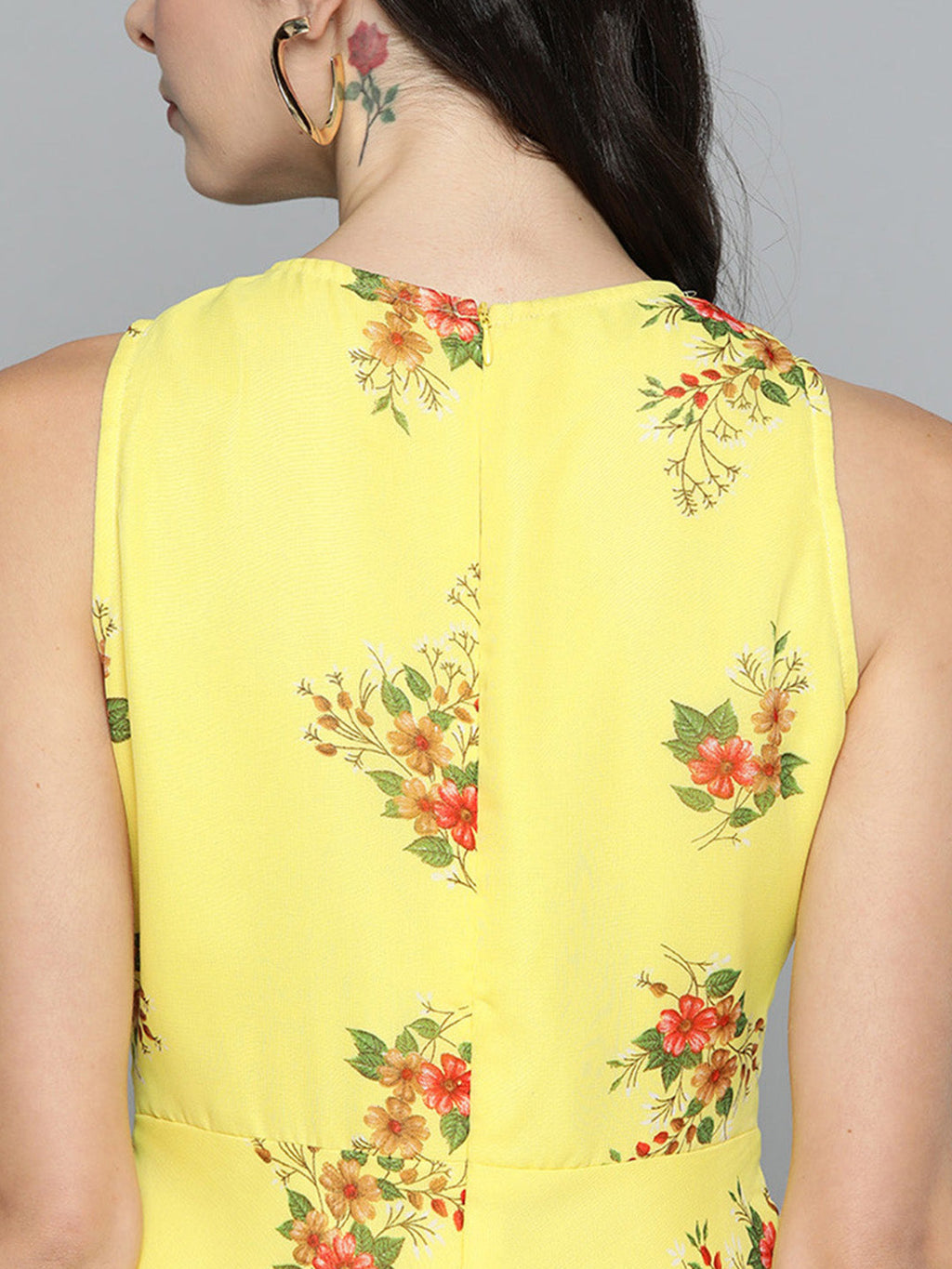 Jompers Women's Floral Print Georgette A-Line Midi Dress - Yellow