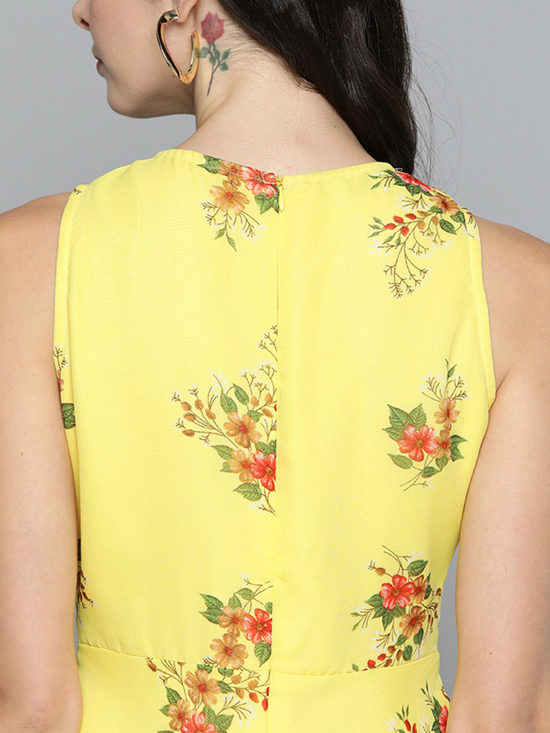 Jompers Women's Floral Print Georgette A-Line Midi Dress - Yellow