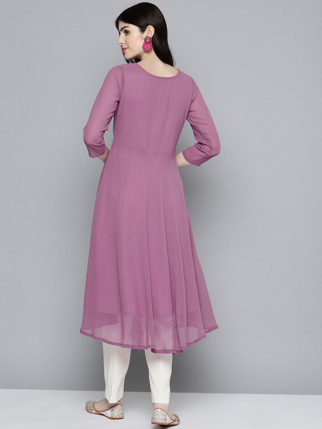 Jompers Women's Embroidered yok flared georgette kurta - Pink