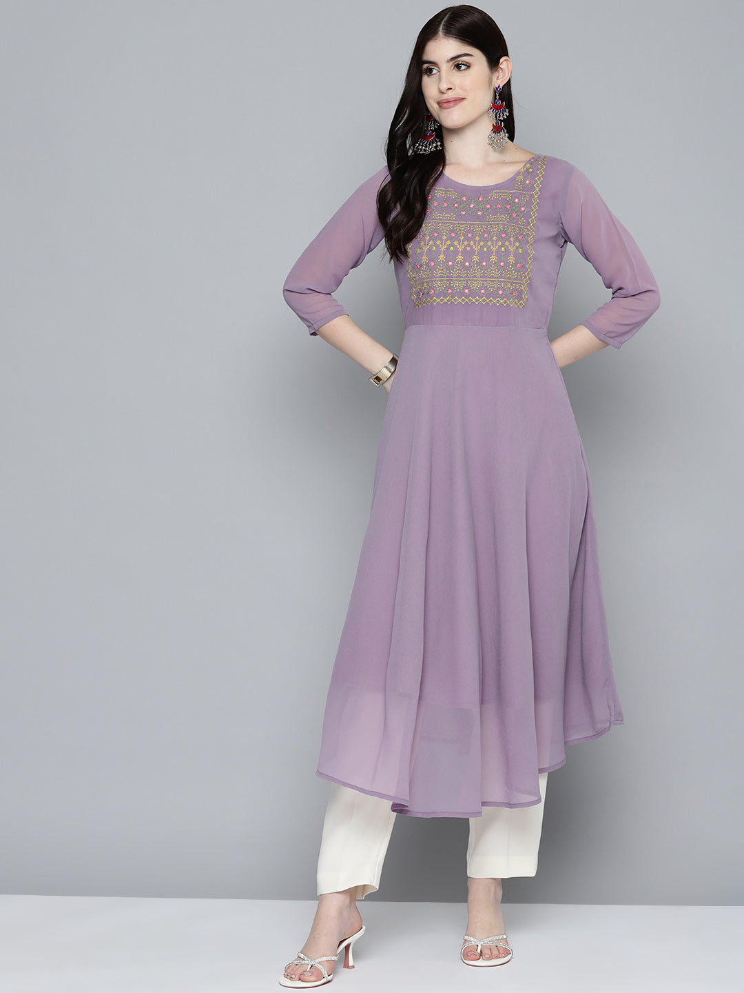 Jompers Women's Embroidered yok flared georgette kurta - Purple